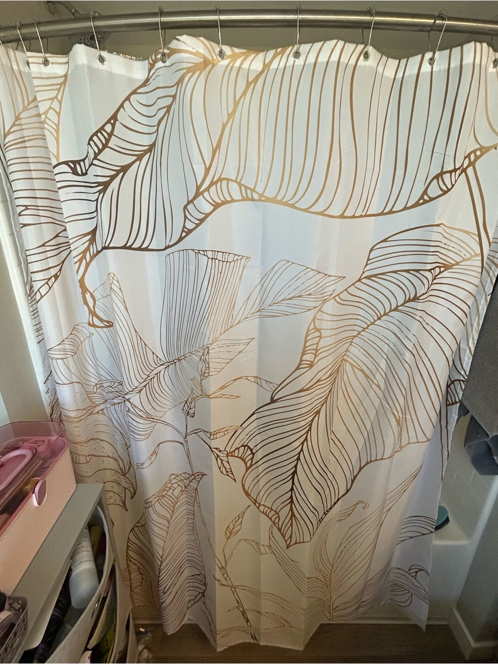 White and Gold Leaf Shower Curtain - Elegant Botanical Design